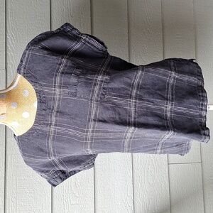 Zest Short Sleeve Large Check Linen Pullover Top Size 12 Black & White